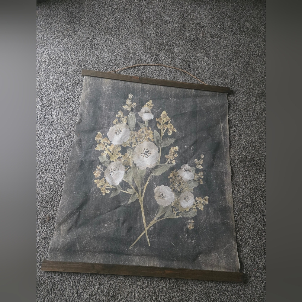 Floral Canvas Wall Hanging - Gray and White